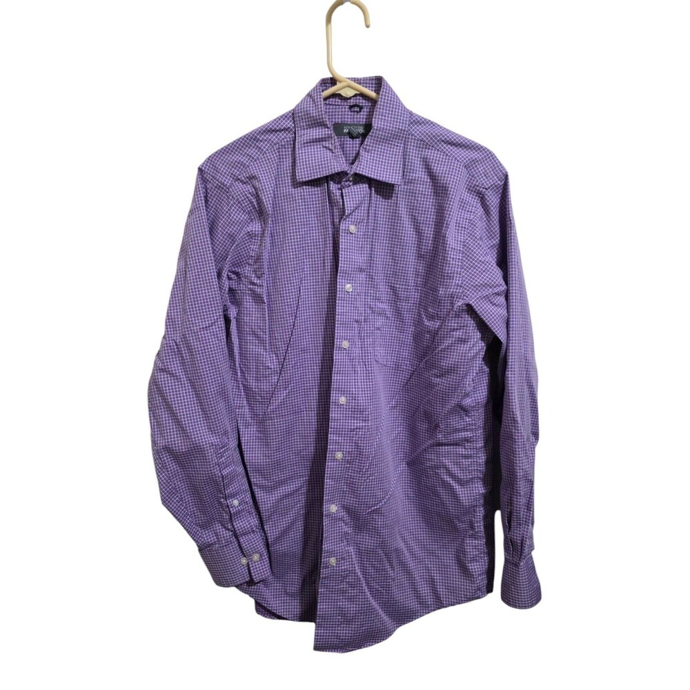 Kenneth Cole Reaction Purple Gingham Regular Fit Long Sleeve Men's Shirt Size M